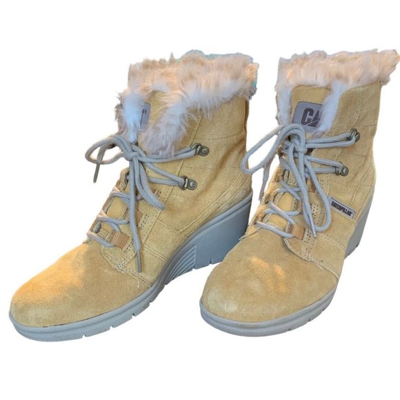 Cat Women's Honey Reset Harper Faux Fur Wedge Boots Shoelace Tie 9 W - Picture 3 of 5